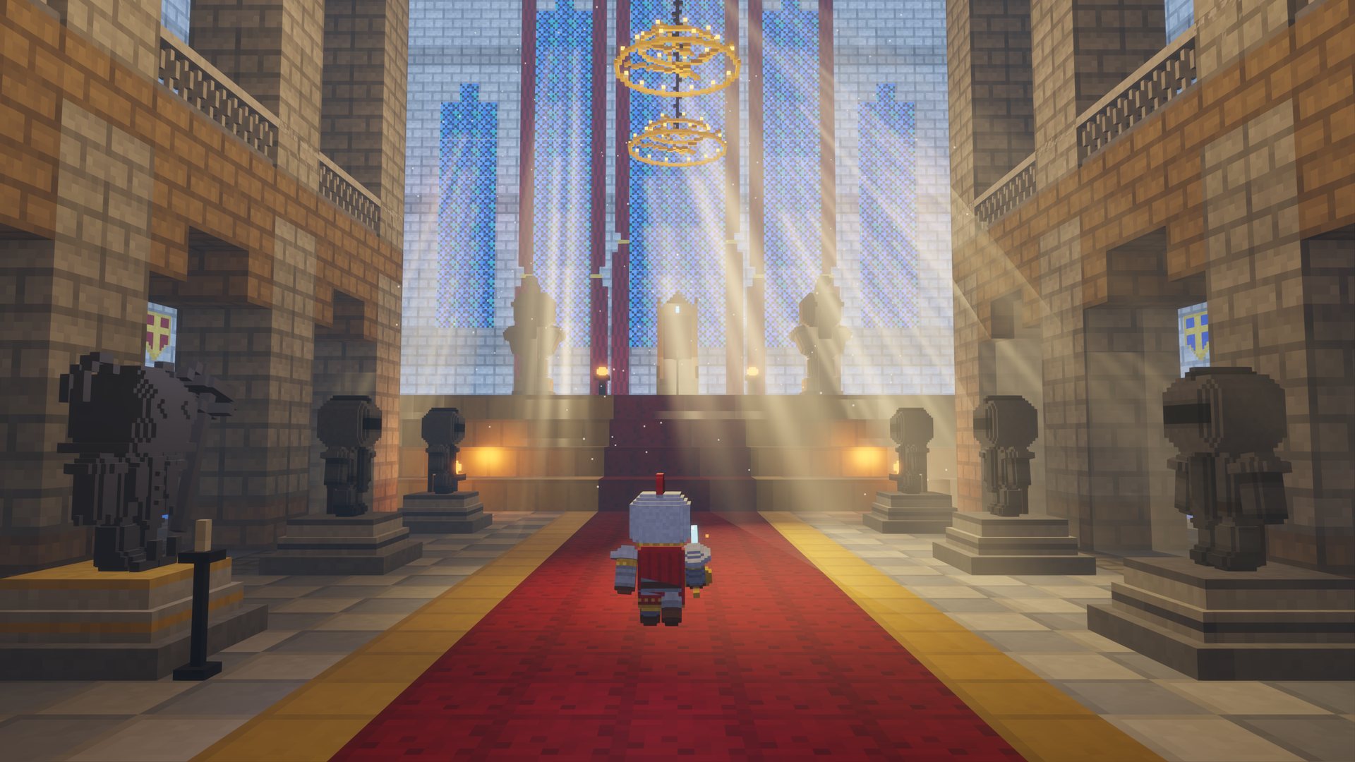 A hero walks up the carpet of the Hall of Heroes toward an empty throne